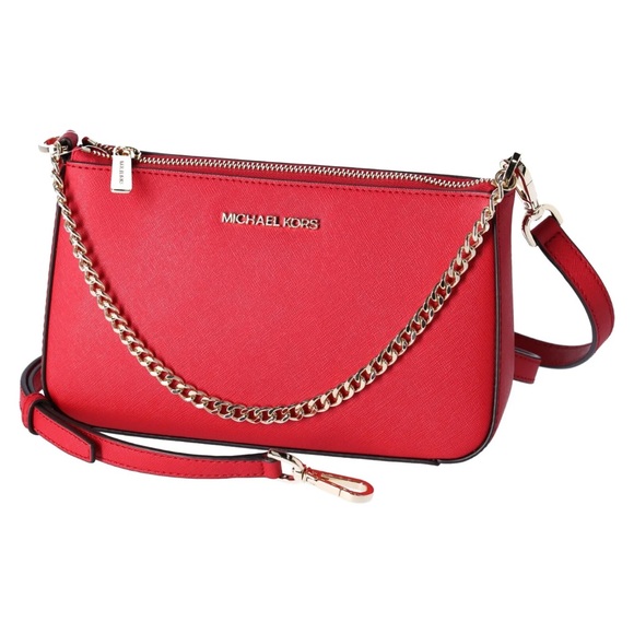 Michael Kors Jet Set Travel Medium Zip Pouchette Crossbody Bright Red Leather - Picture 3 of 8